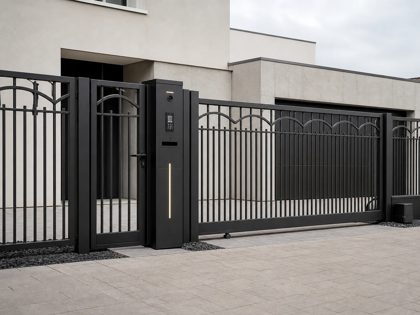 Kompletny system ogrodzenia kutego Arkada z płytkimi łukami, furtką, bramą przesuwną i smart słupkiem