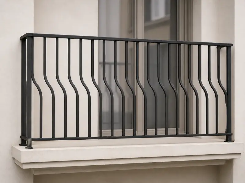 Minimalistyczna kuta balustrada balkonowa Fala z naprzemiennie giętymi tralkami w środkowej części